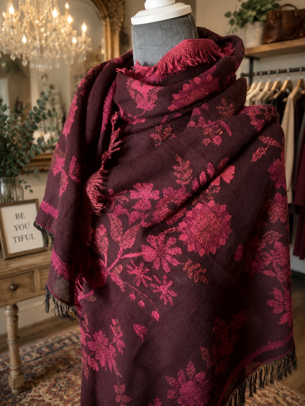 Lucky Brand Deep Wine Scarf with Pink Floral Jacquard